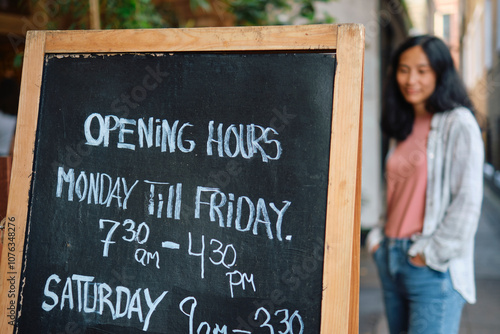 Open sign board with text near owner standing in background
