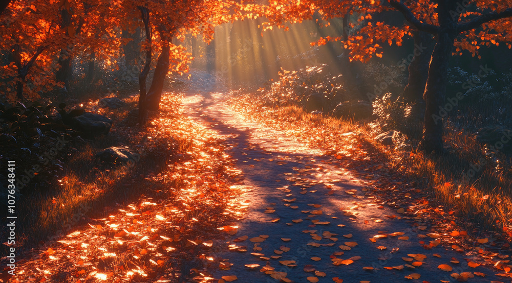 Mystical Autumn Scene with a Winding Path Through Orange Leaves Mystical Autumn Scene with a Winding Path Through Orange Leaves