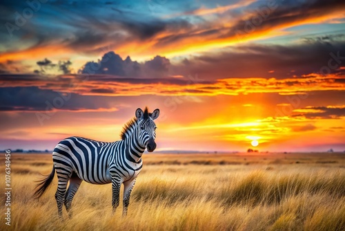 A Majestic Zebra Standing Alone on a Grassy Plain at Sunset, Capturing the Beauty of Nature's Wilderness in a Tranquil Scene with Warm Colors and Expansive Sky