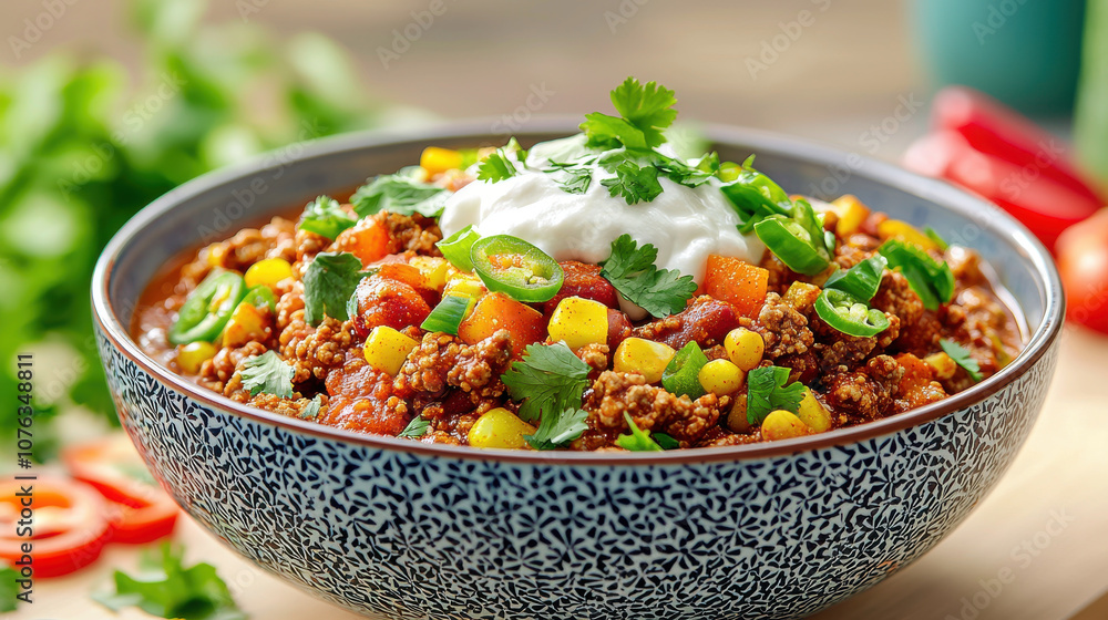 warm bowl of chili con carne topped with sour cream, cilantro, and jalapeños, perfect for cozy winter meal. vibrant colors and fresh ingredients make it inviting and delicious warm bowl of chili con carne topped with sour cream, cilantro, and jalapeños, perfect for cozy winter meal. vibrant colors and fresh ingredients make it inviting and delicious