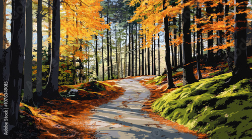 Winding Trail in a Sunlit Forest with Orange Leaves