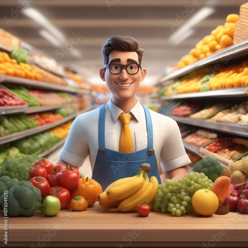 3d illustration of Grocer man isolated on market backgroundshopping consept