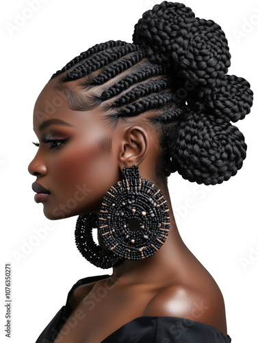 Profile of a beautiful African model with an elegant, elaborate plaited hairstyle and wearing large black dangling earrings.