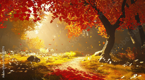 Autumn Forest with Fiery Leaves and Sunlit Trails