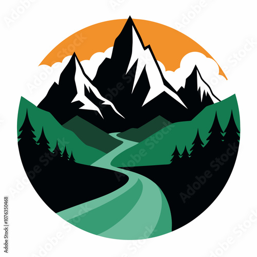 Mountain valley silhouette vector illustration on white background