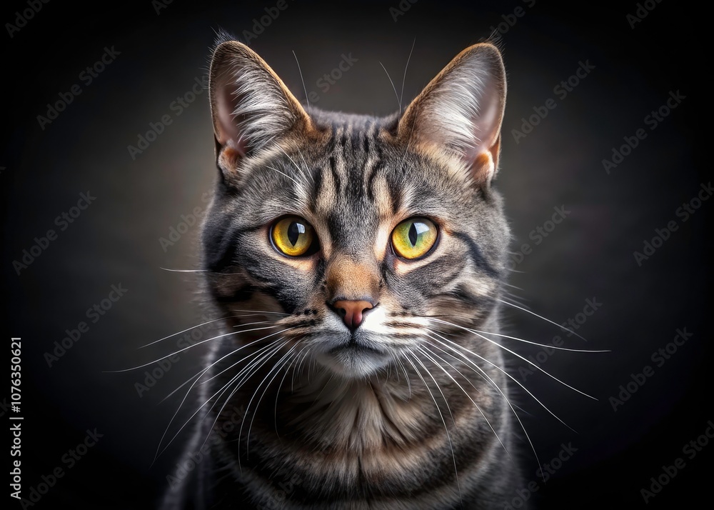 Close-Up Portrait of a Stunning Gray Striped Cat on Solid Background - Night Photography, Ideal for Text Space, Perfect for Pet Lovers, Cat Enthusiasts, and Animal Photography Close-Up Portrait of a Stunning Gray Striped Cat on Solid Background - Night Photography, Ideal for Text Space, Perfect for Pet Lovers, Cat Enthusiasts, and Animal Photography