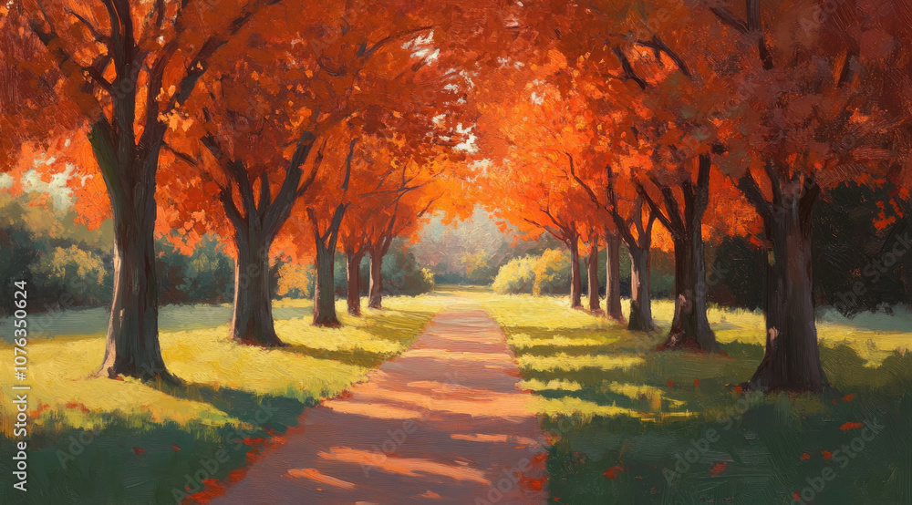 Naklejka premium Glowing Forest Path Under Vivid Orange Trees with Sunlight Streaming Through