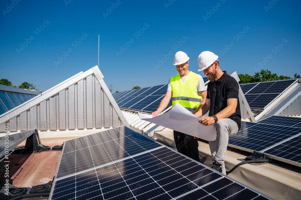 Two technicians discussing plan on the roof of a company building with solar panels Two technicians discussing plan on the roof of a company building with solar panels
