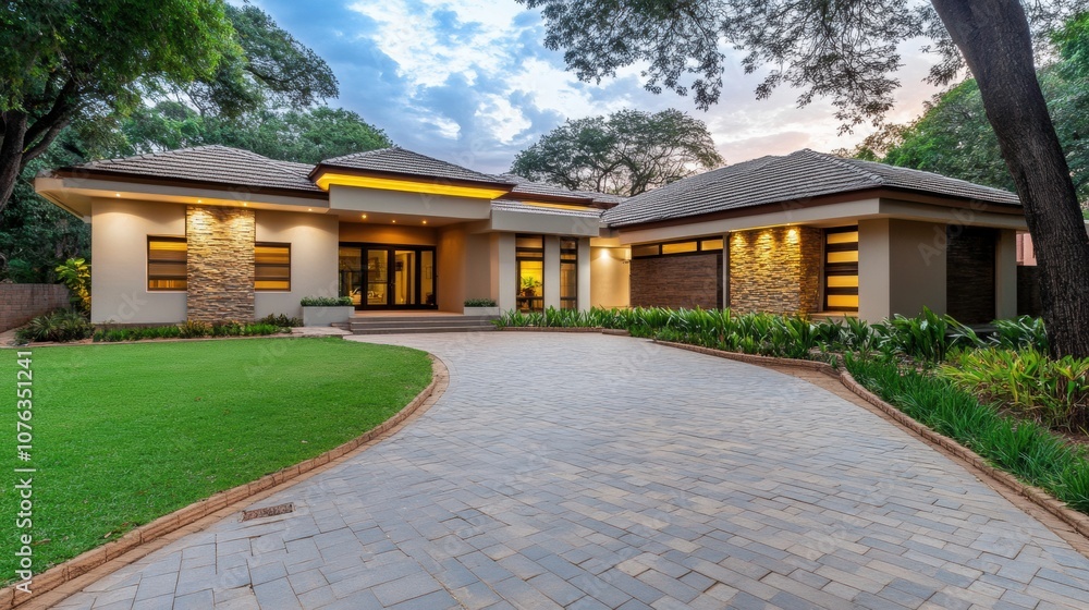 Obraz premium Modern luxury home with a spacious driveway and lush landscaping, AI
