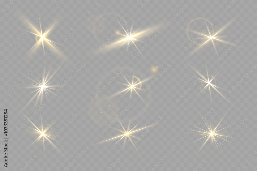 A set of golden stars, sun rays and dawn effect. Glare. An explosion on a transparent background. Sparkling particles of magic dust. A bright star. Transparent glowing sun, bright flash