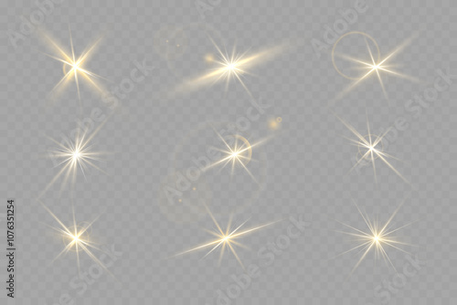 A set of golden stars, sun rays and dawn effect. Glare. An explosion on a transparent background. Sparkling particles of magic dust. A bright star. Transparent glowing sun, bright flash