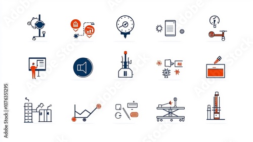 Comprehensive collection of productivity icons for industrial minimalist line designs that symbolize key processes services and performance metrics for efficient workflow and business optimization