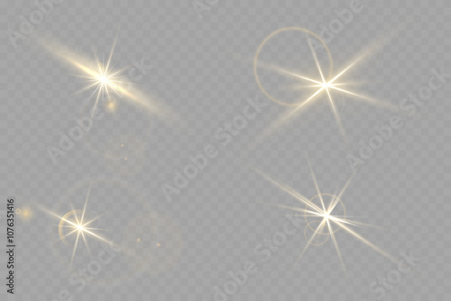 A set of golden stars, sun rays and dawn effect. Glare. An explosion on a transparent background. Sparkling particles of magic dust. A bright star. Transparent glowing sun, bright flash