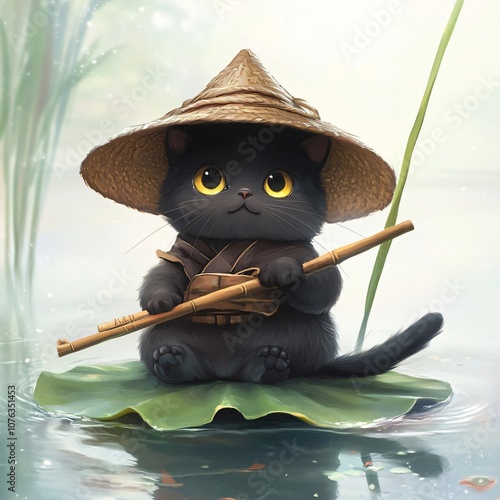 Black Cat Fisherman on a Lotus Leaf