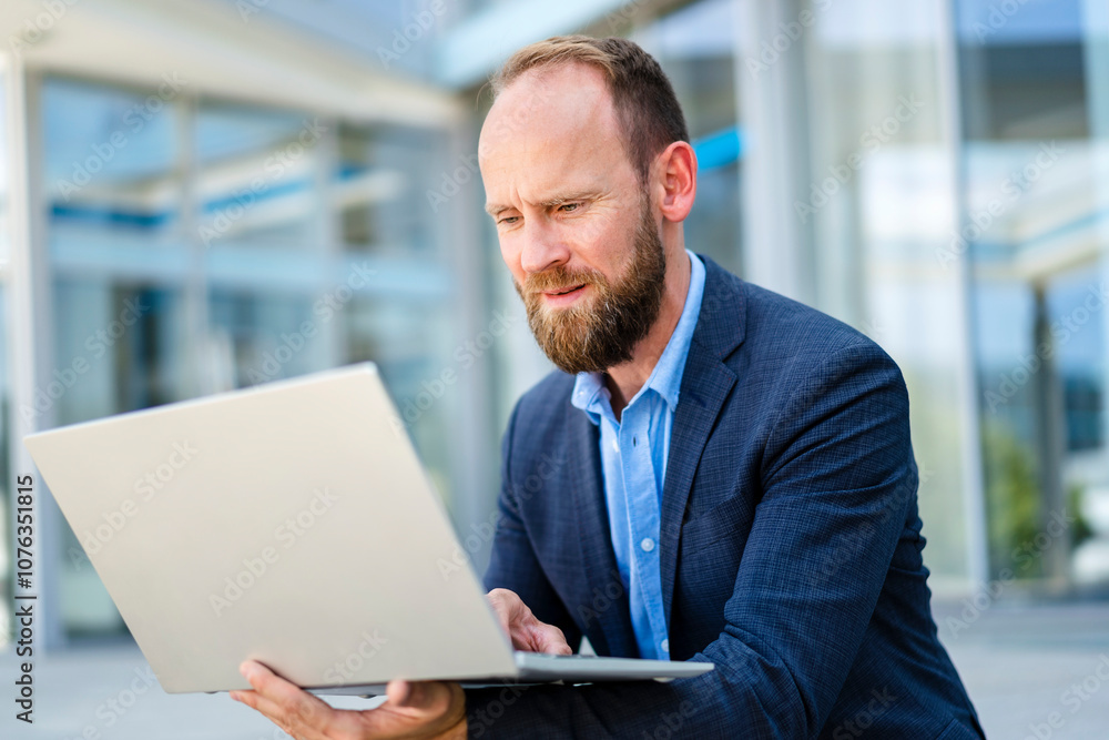 Businessman sitting in front of office building using laptop Businessman sitting in front of office building using laptop