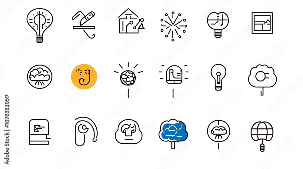 Collection of simple line icons representing various cognitive themes such as the mind thinking imagination knowledge and creativity Collection of simple line icons representing various cognitive themes such as the mind thinking imagination knowledge and creativity