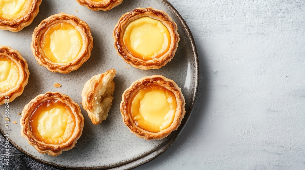 Delicious egg tarts arranged neatly on a silver plate, perfect for dessert lovers and pastry enthusiasts. Delicious egg tarts arranged neatly on a silver plate, perfect for dessert lovers and pastry enthusiasts.