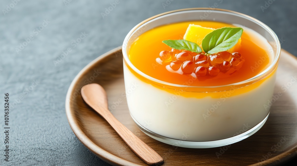 Delicious dessert featuring creamy pudding topped with orange jelly, mint, and a hint of citrus zest. Delicious dessert featuring creamy pudding topped with orange jelly, mint, and a hint of citrus zest.