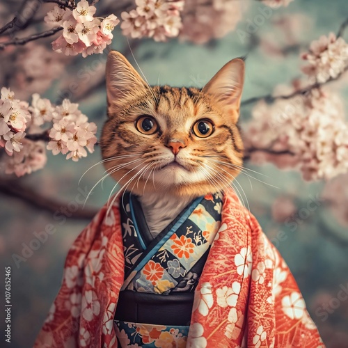 Cute Cat Dressed in Traditional Japanese Kimono with Cherry Blossoms