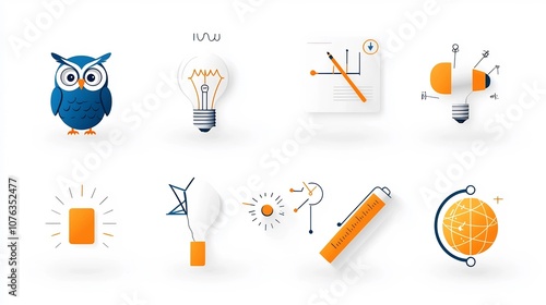 Comprehensive knowledge icon set featuring a variety of creativity intelligence and genius themed symbols such as a light bulb owl and globe in a format  Ideal for use in educational corporate photo