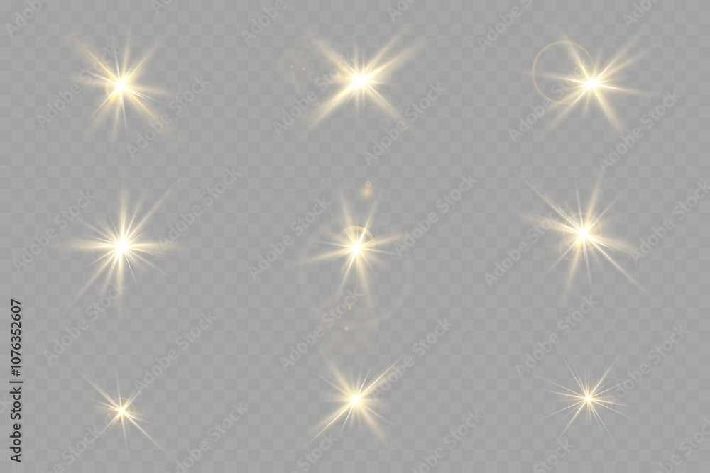 A set of golden stars, sun rays and dawn effect. Glare. An explosion on a transparent background. Sparkling particles of magic dust. A bright star. Transparent glowing sun, bright flash A set of golden stars, sun rays and dawn effect. Glare. An explosion on a transparent background. Sparkling particles of magic dust. A bright star. Transparent glowing sun, bright flash