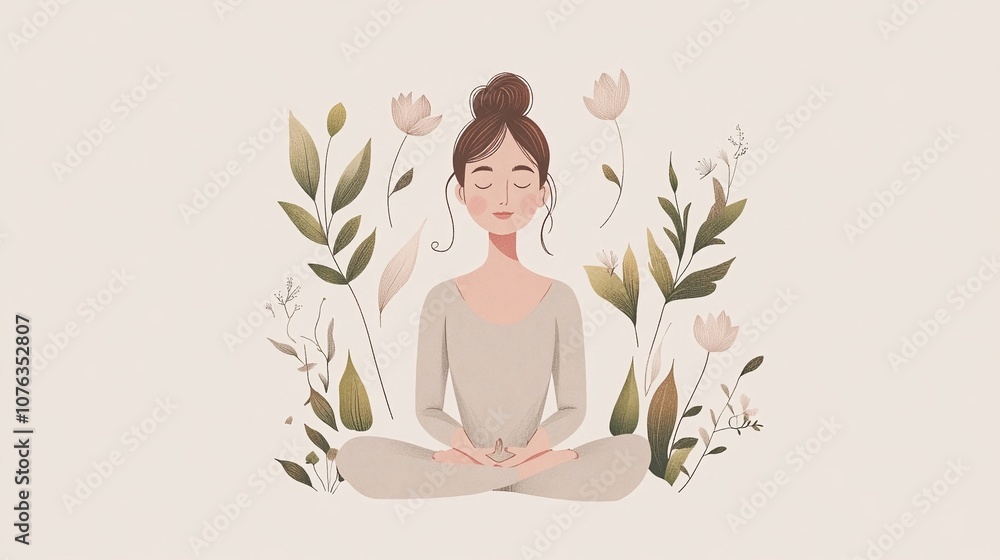 Illustrazione di una donna elegante che medita, circondata da elementi della natura come foglie e fiori, che indossa abiti da yoga in tenui colori pastello su uno sfondo crema. Illustrazione di una donna elegante che medita, circondata da elementi della natura come foglie e fiori, che indossa abiti da yoga in tenui colori pastello su uno sfondo crema.