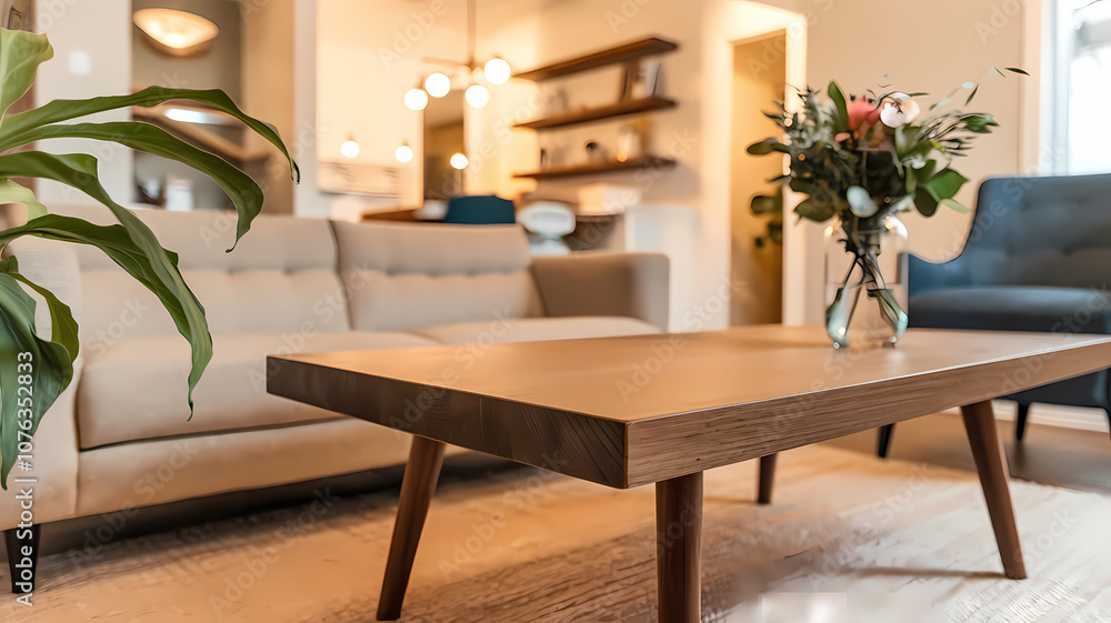 Cozy modern living room with a beige sofa, wooden coffee table, and a floral arrangement, creating an inviting atmosphere. Cozy modern living room with a beige sofa, wooden coffee table, and a floral arrangement, creating an inviting atmosphere.
