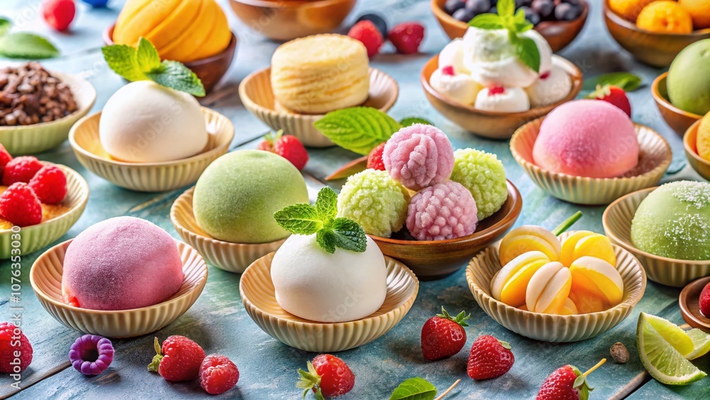 A Vibrant Display of Mochi, Ice Cream, and Fresh Fruits on a Soft Pastel Background, Showcasing an Irresistible Array of Colorful Desserts Perfect for Any Sweet Tooth A Vibrant Display of Mochi, Ice Cream, and Fresh Fruits on a Soft Pastel Background, Showcasing an Irresistible Array of Colorful Desserts Perfect for Any Sweet Tooth