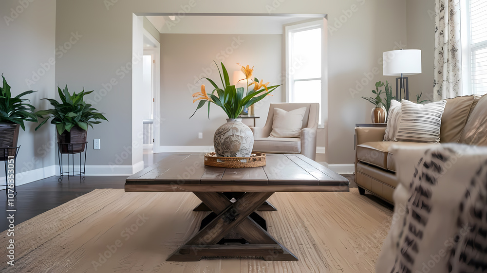 Bright and modern living room with wooden coffee table, elegant vase, plants, and cozy seating, creating a welcoming atmosphere. Bright and modern living room with wooden coffee table, elegant vase, plants, and cozy seating, creating a welcoming atmosphere.