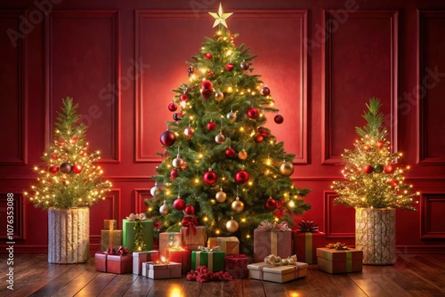 Wallpaper Mural Cozy Christmas Tree in Red Room with Gift Boxes for Festive Celebrations and Holiday Decor Torontodigital.ca