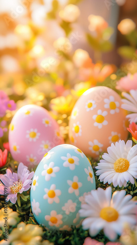 Three beautifully decorated Easter eggs surrounded by colorful flowers in a lush garden setting on a sunny afternoon