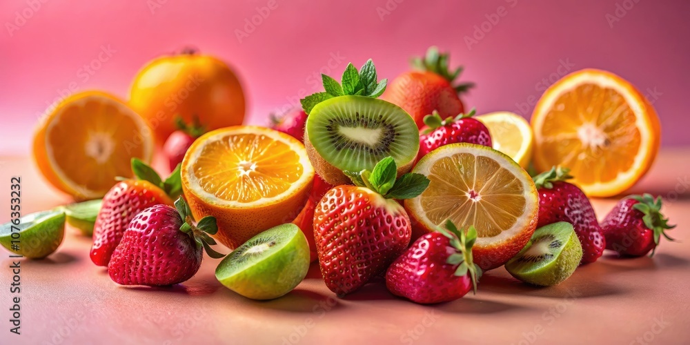 Bright summer fruits elegantly displayed on a pastel pink canvas, their stark shadows enhancing a minimalist feel that celebrates simplicity and freshness. Bright summer fruits elegantly displayed on a pastel pink canvas, their stark shadows enhancing a minimalist feel that celebrates simplicity and freshness.