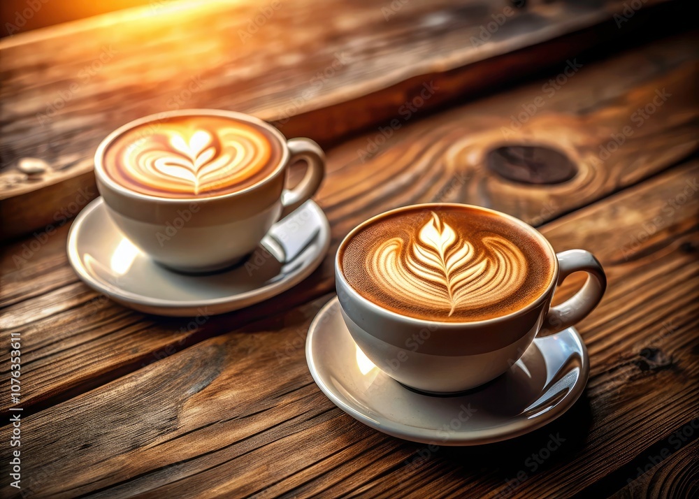 Cozy Minimalist Cafe Scene with Stunning Latte Art in Two Cups on a Wooden Table Cozy Minimalist Cafe Scene with Stunning Latte Art in Two Cups on a Wooden Table