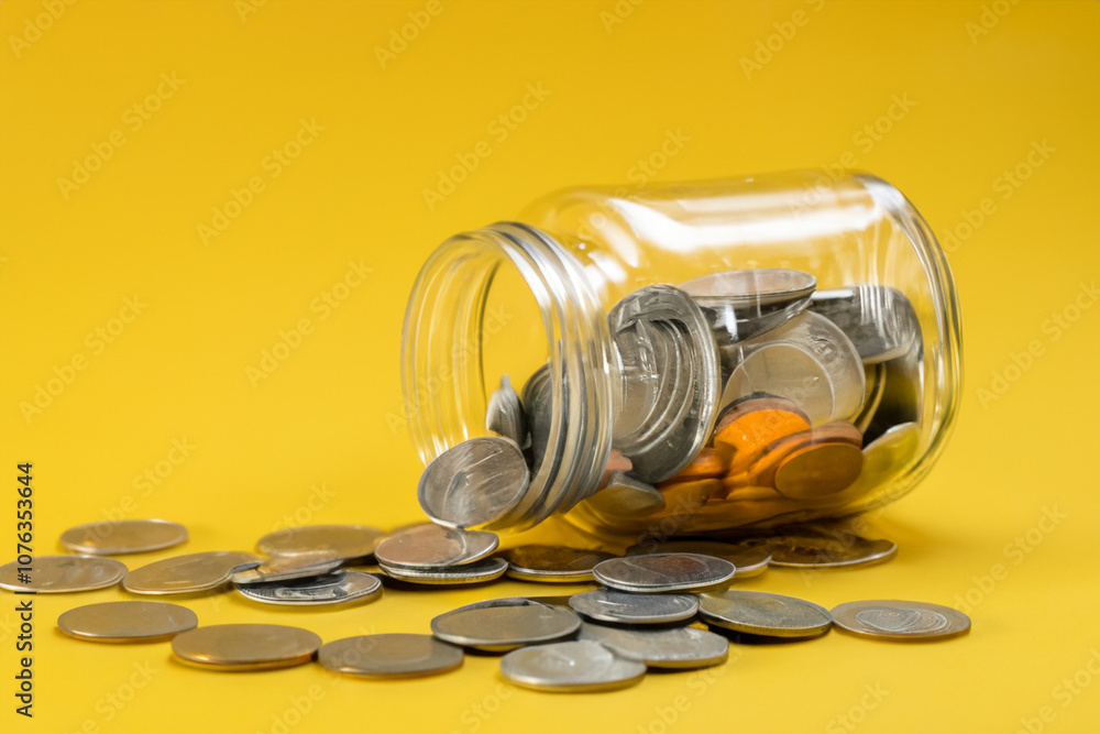 The of a bank changed to yellow. Business money banking concept. Small jar of change with a yellow and a small ring on the lid. Small yellow jar with a change of color on the lifestyle. The of a bank changed to yellow. Business money banking concept. Small jar of change with a yellow and a small ring on the lid. Small yellow jar with a change of color on the lifestyle.