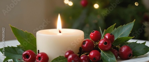 A close up of a Christmas candle surrounded by red berries and greenery photo