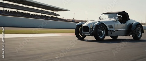 A classic race car with polished chrome accents parked near a racetrack with motion blur from passing cars