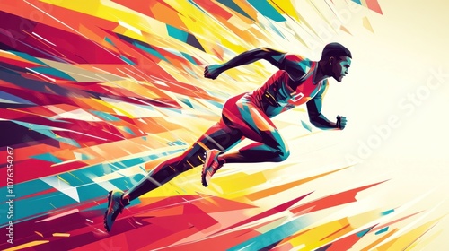 Abstract Illustration of a Male Athlete Running with Dynamic Colors and Geometric Shapes