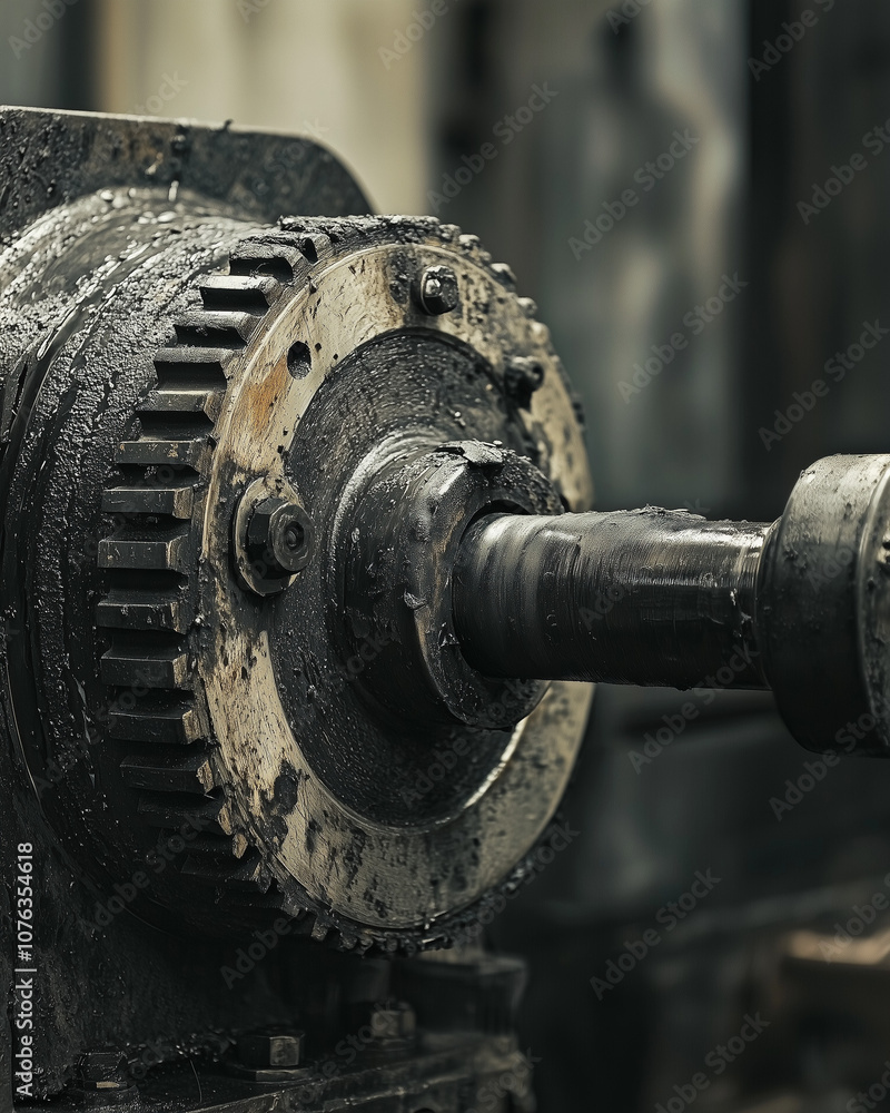 close-up of a weathered industrial lathe with exposed gears and shafts, showing signs of heavy use close-up of a weathered industrial lathe with exposed gears and shafts, showing signs of heavy use