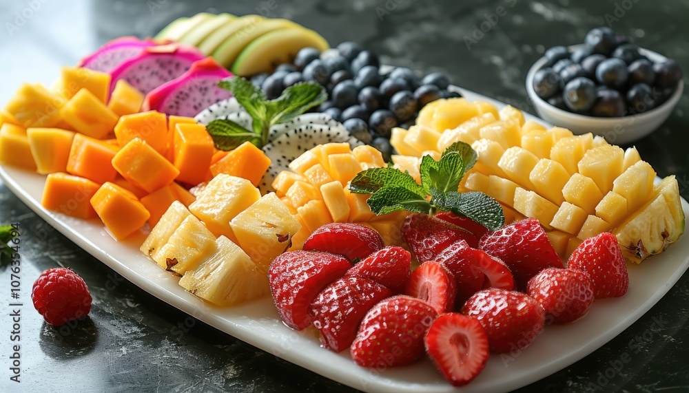 A Plate of Freshly Cut Fruit with Mint Garnishes A Plate of Freshly Cut Fruit with Mint Garnishes