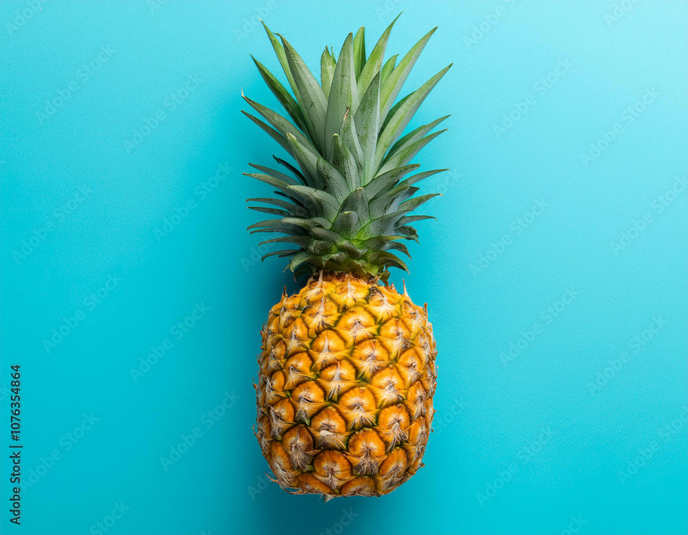 A single pic pineapple on blue background top view A single pic pineapple on blue background top view