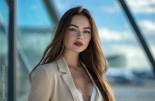 A beautiful woman with long brown hair, wearing an elegant beige blazer and white top, is posing in front of the airport Free Download A beautiful woman with long brown hair, wearing an elegant beige blazer and white top, is posing in front of the airport - GFXLoad