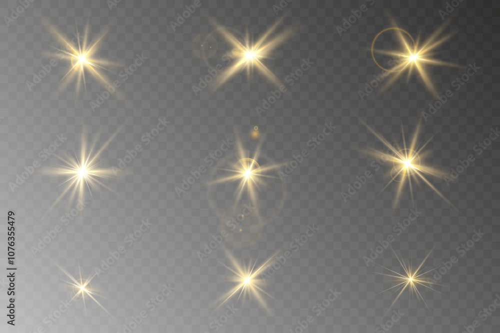 A set of golden stars, sun rays and dawn effect. Glare. An explosion on a transparent background. Sparkling particles of magic dust. A bright star. Transparent glowing sun, bright flash A set of golden stars, sun rays and dawn effect. Glare. An explosion on a transparent background. Sparkling particles of magic dust. A bright star. Transparent glowing sun, bright flash