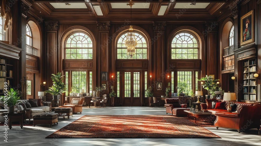 Fototapeta premium Elegant library interior with large windows and cozy seating areas.