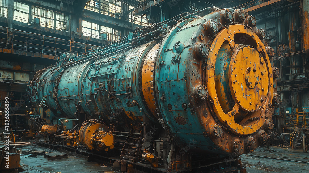 rusty industrial turbine standing in a decrepit factory setting, highlighting the contrast of age and technology