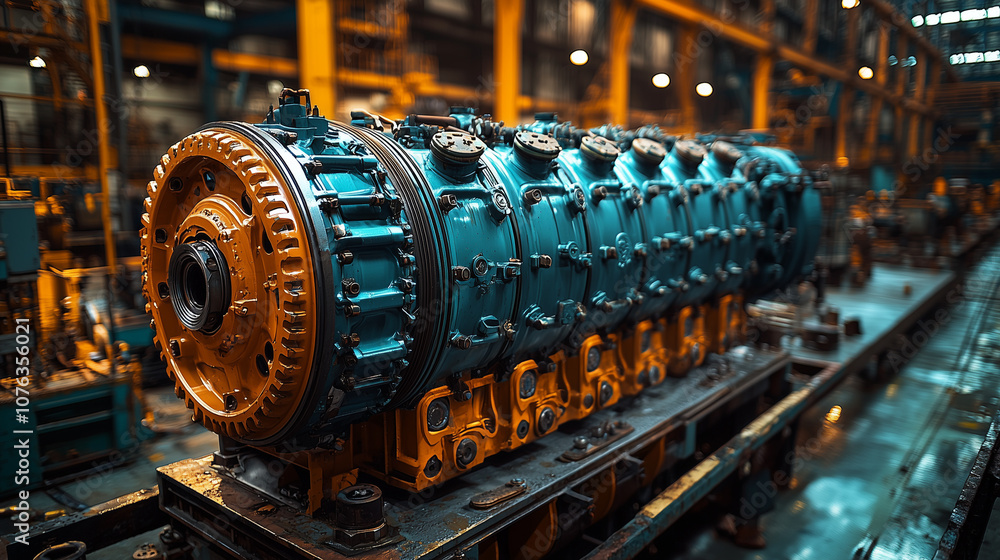 expansive factory floor displaying a large turbine engine assembly under warm industrial lighting expansive factory floor displaying a large turbine engine assembly under warm industrial lighting