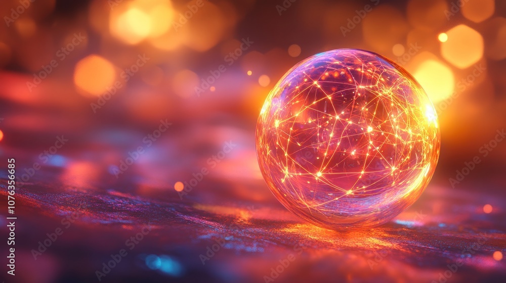 Glowing Sphere with Interconnected Lines on a Red and Orange Bokeh Background Glowing Sphere with Interconnected Lines on a Red and Orange Bokeh Background