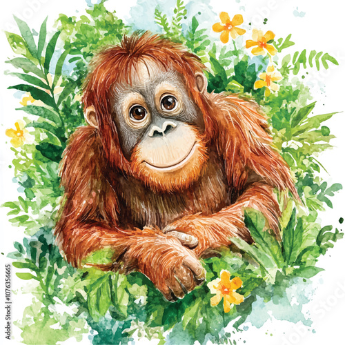 cute Orangutan watercolor clipart illustration isolated