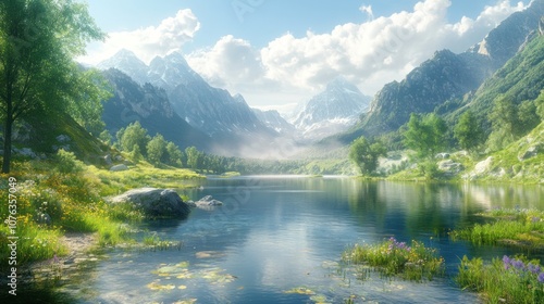 Serene Mountain Lake with Lush Vegetation and Snow-Capped Peaks