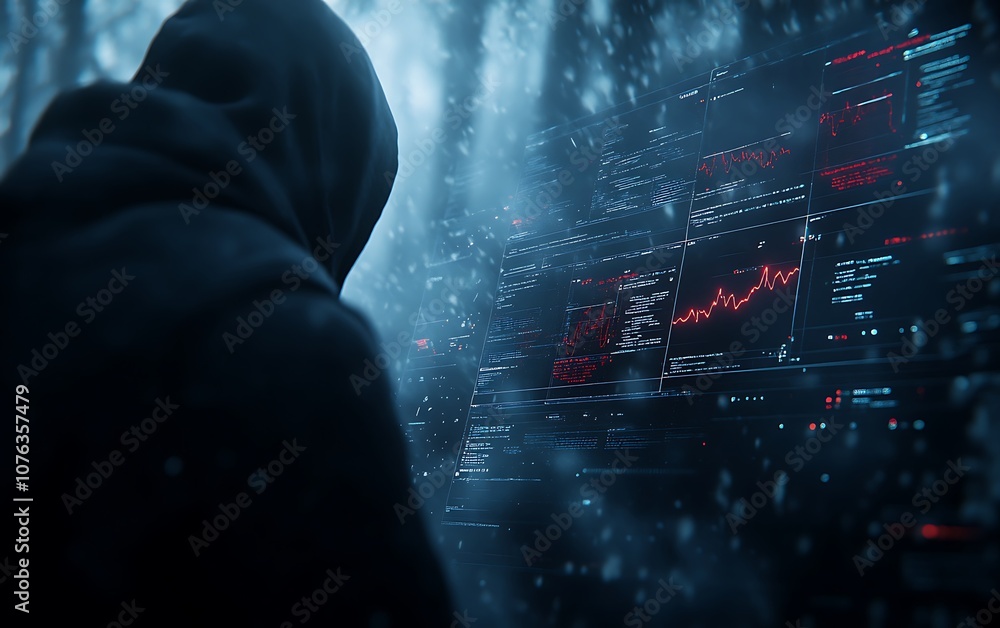 A cloaked figure faces a glowing digital display in a dark, forested environment, evoking themes of mystery, technology, and possible cyber activity. A cloaked figure faces a glowing digital display in a dark, forested environment, evoking themes of mystery, technology, and possible cyber activity.