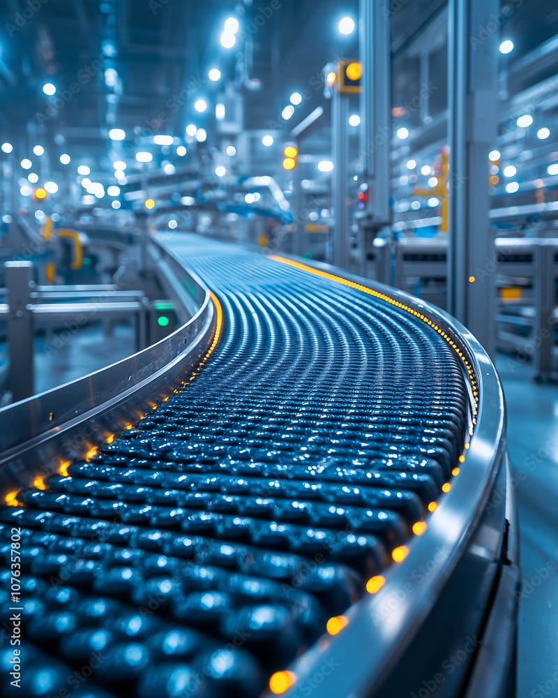 curved conveyor belt moving through a high-tech factory under blue lighting curved conveyor belt moving through a high-tech factory under blue lighting